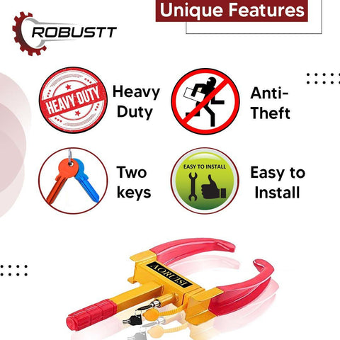 Robustt Wheel Lock, Red & Yellow, Anti-Theft Painted Tyre Lock with 3 Keys, Cold Rolled MS Steel Adjustable Heavy Duty, Wheel Lock for Car