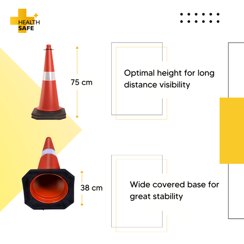 HEALTH SAFE Plastic Traffic Safety Cone (750MM) Barricade with Black Rubber Base, Reflective Strips Collar for Road Safety