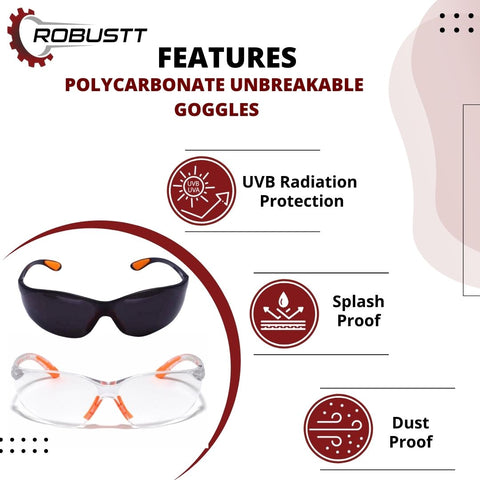 Robustt Scratch-resistant, UV-protected, dust-protected polycarbonate unbreakable safety goggles