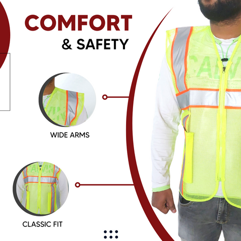 Robustt Polyster Fabric V Neck Reflective Safety Jacket, Safety Coat for Traffic, Sports, Construction Site (GREEN ZIPPER)