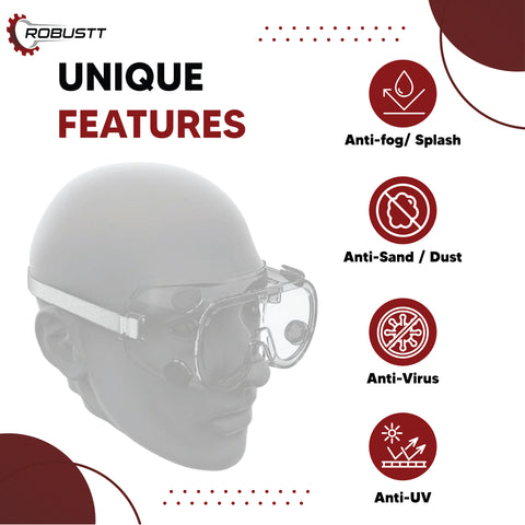 Robustt Safety Goggles (Transparent ) for Chemical Protection with an Adjustable Strap and Minimum Lens Fogging