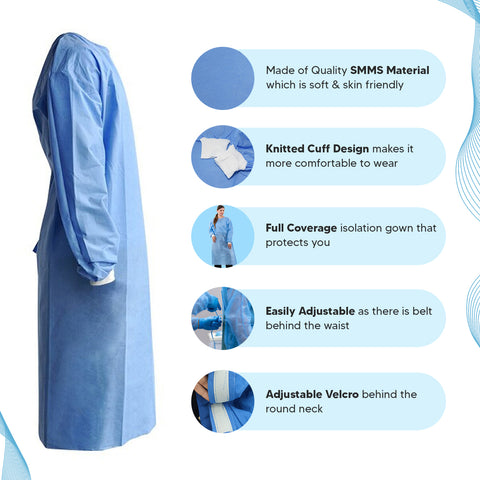 Care View Non Woven Disposable Smms Fabric Surgical Gown Set With 1 Cap, 1 Mask & 1 Pair Of Leg Protector, Breathable Fabric, 45 GSM, Knitted Cuff, Fluid & Lint Resistant, Size Universal (Blue)