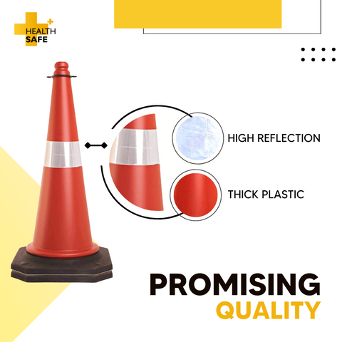 HEALTH SAFE Plastic Traffic Safety Cone (750MM) Barricade with Black Rubber Base, Reflective Strips Collar for Road Safety