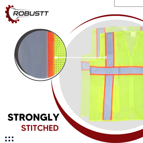 Robustt Polyster Fabric V Neck Reflective Safety Jacket, Safety Coat for Traffic, Sports, Construction Site (GREEN ZIPPER)