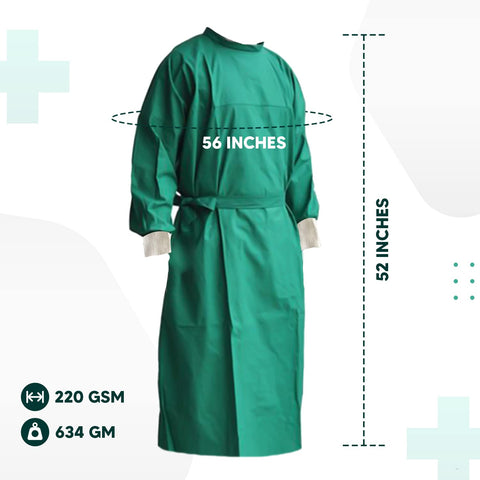 Care View Reusable & Washable Cotton Plain Weave Surgical Gown With Cotton Mask & Cap, Closed Back, Knitted Cuff And Lint Resistance (Green)