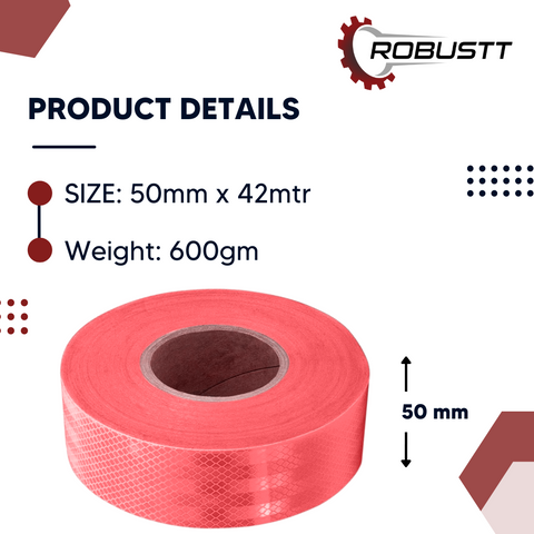 Robustt Red Reflective Tape (50mm) White PET Material, Diamond Cut Design