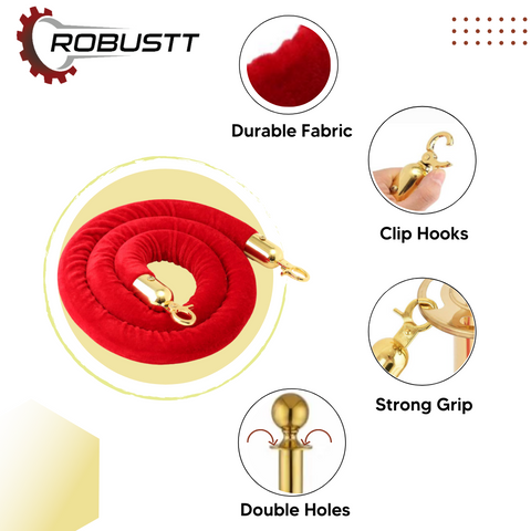 Robustt Stainless Steel Golden Queue Manager Barricade with Red Velvet Rope (900mm Pillar, 1.5mtr Rope)